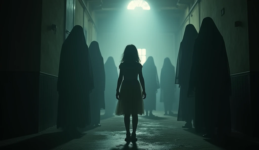 Cinematic horror photo of a young girl in a dress, surrounded by shadowy, ghost-like figures, mid-body framing, in an eerie, abandoned setting, with dramatic, low-key lighting casting deep shadows, shot from a low angle, on a Canon EOS R5 with a 24-70mm lens