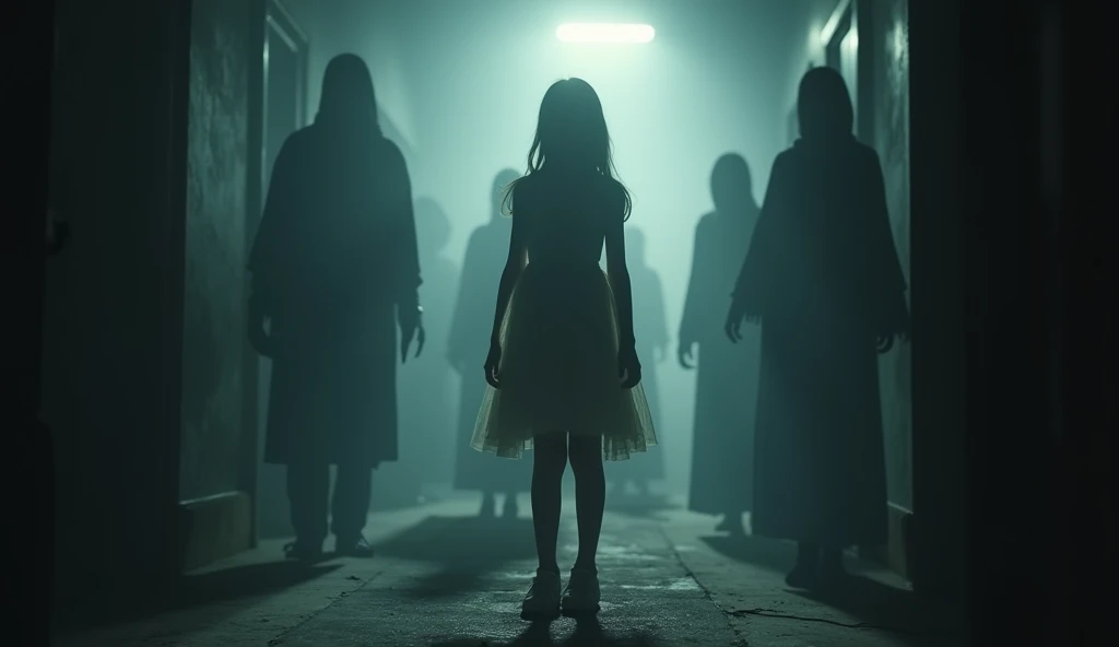 Cinematic horror photo of a young girl in a dress, surrounded by shadowy, ghost-like figures, mid-body framing, in an eerie, abandoned setting, with dramatic, low-key lighting casting deep shadows, shot from a low angle, on a Canon EOS R5 with a 24-70mm lens