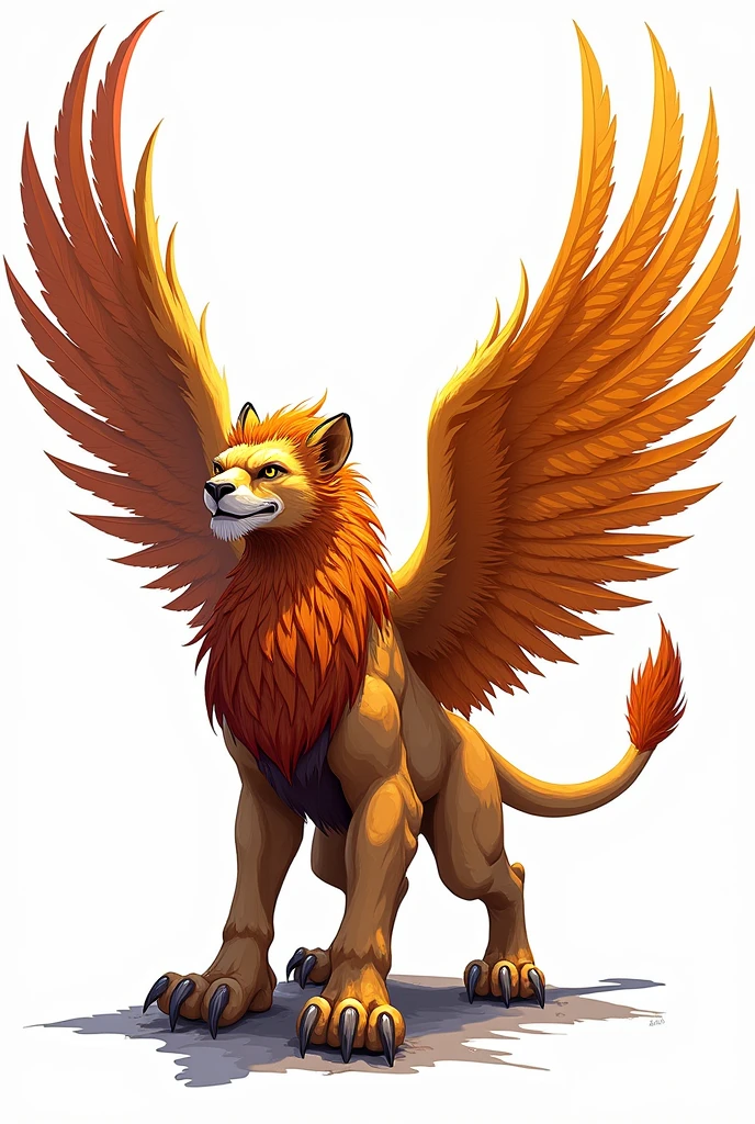 drawning, bright coloured, Mythological griffin, lion and eagle paws, white background, fully body