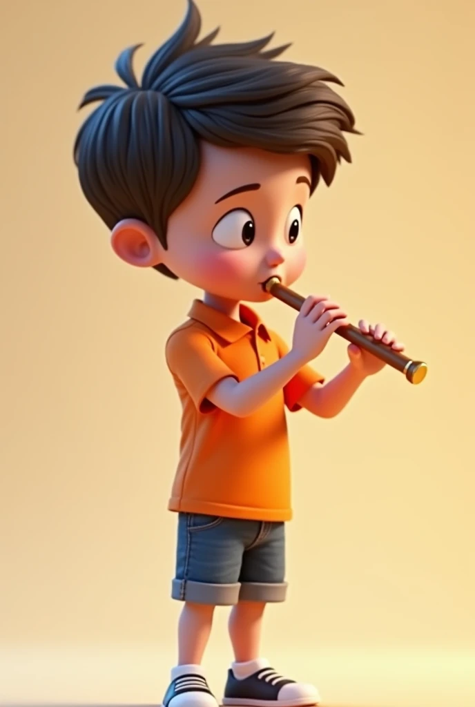 A boy about wearing an orange polo shirt, playing a flute, standing slightly to the right. 3D, Animated, with legs, detailed face, asymmetrical 16k, full body