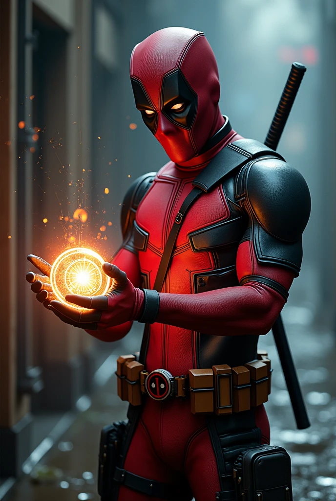 Deadpool holding arc reactor in hand