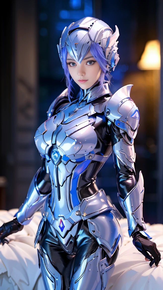 <lora:DLDLmengyiran_20230728210423:0.75>,1girl,mature female, cityscape, night,looking at viewer, hair ornament, short hair, makeup, armor,black shoulder armor,scale armor, cowboy shot, blue hair,dress,facial mark, jewelry,