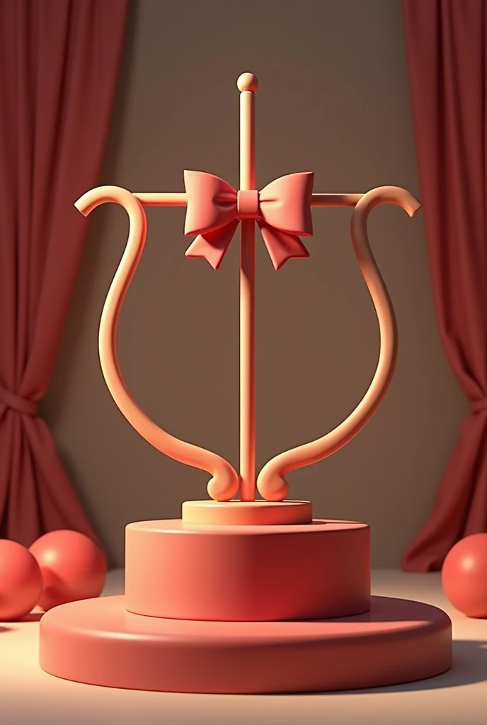 Create in cinematic 3D cartoon style. on a pedestal. Surrounding the bow, several