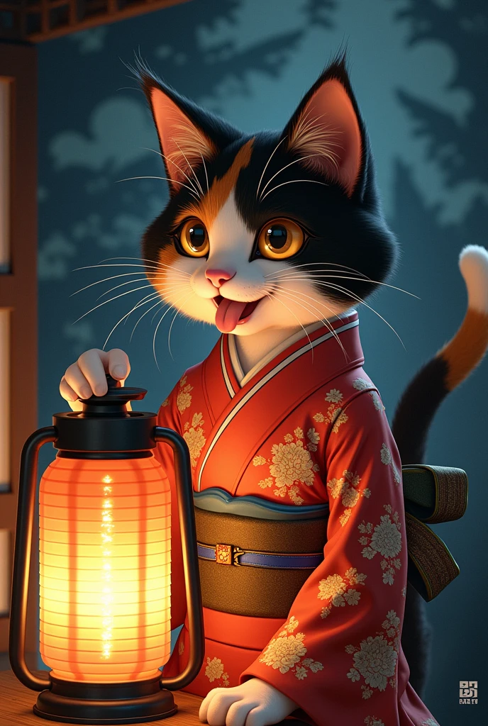 Japanese Yokai、Cat、Anthropomorphic female calico cat、Wearing traditional Japanese kimono、Sticking out tongue、Night after night, I lick the oil from the lantern、Traditional Japanese House、detailed fur texture、Detailed kimono texture、Very detailed、Ethereal、Shine、mysterious、Fantasy、Ukiyo-e style、Bright colors、Dramatic lighting、Digital Painting、8k、high quality