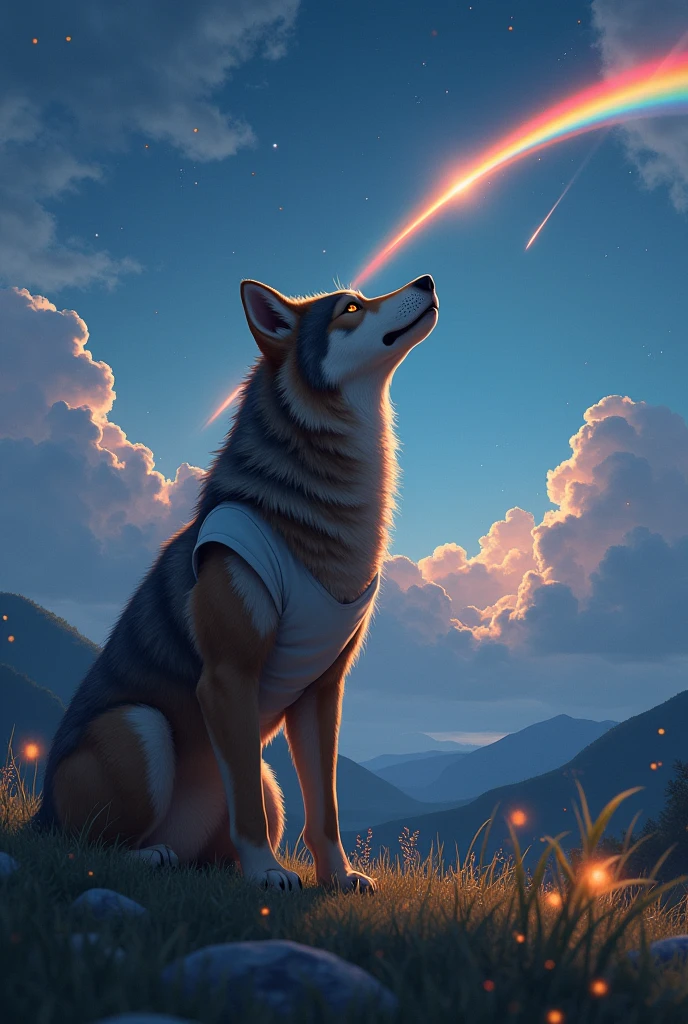solo, male, mature male, (male anthro wolf:1.3), (brown body:1.1), (standing:1.3), (cloudy sky:1.23), t-shirt, (clothed), (looking up:1.4), (raised head), (side view), (rainbow:1.3), detailed eyes, portrait, wolf tail, (detailed eyes), (outside:1.35), grass, hill, shooting star, (particles ,firefly, blue glowing:1.3), detailed background, 8k hd, (dark shadows, wide dynamic range, hdr, low light:1.2), by Pino Daeni, barazoku, [by dagasi, by zixiong], cygames, by null-ghost
