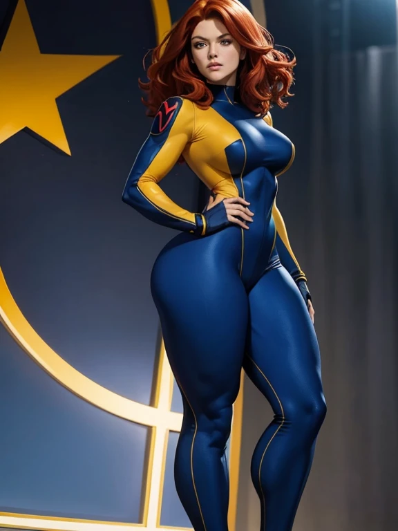 "Jean Grey standing confidently in a tight X-Men uniform, her athletic build and curvaceous figure highlighted by the form-fitting suit. The yellow and blue suit accentuates her narrow waist and strong legs, detailed tight ass, while her flowing red hair adds a dynamic touch." Detailed outfit 