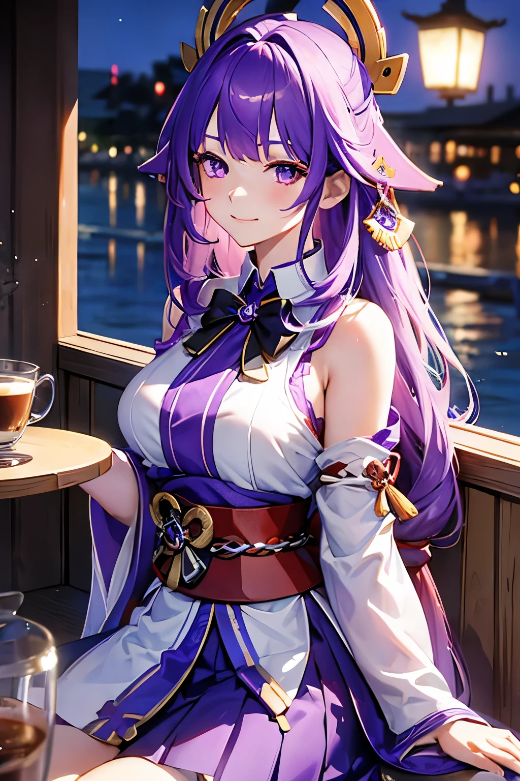 (8k, RAW photo, best quality, masterpiece: 1.2), ultra-detailed, 1 girl, (2heads: 1.5), yae miko character, raiden_shogun character, cute, solo, beautiful detailed sky, detailed coffee, night, sitting, (flushed nose), (smile: 1.1), (mouth closed), beautiful detailed eyes, (collared shirt: 1.1), bow tie, pleated skirt, long pink hair, long purple hair