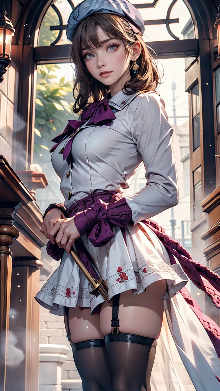 (iwanagadress:1.2), (Rock vine:0.9),(beret:1.8), Kotoko Iwanaga, One girl, beret, black bow, blue skirt, bow, Brown footwear, Cane, dress, hair bow, Have, Holding, Holding Cane, Juliet Sleeve, Light brown hair, Long sleeve, View your viewers, petticoat, Puff sleeves, Purple eyes, short hair, skirt, alone, Thigh straps, Knee socks, white dress, White Hat, white Knee socks, Kyokou suiri