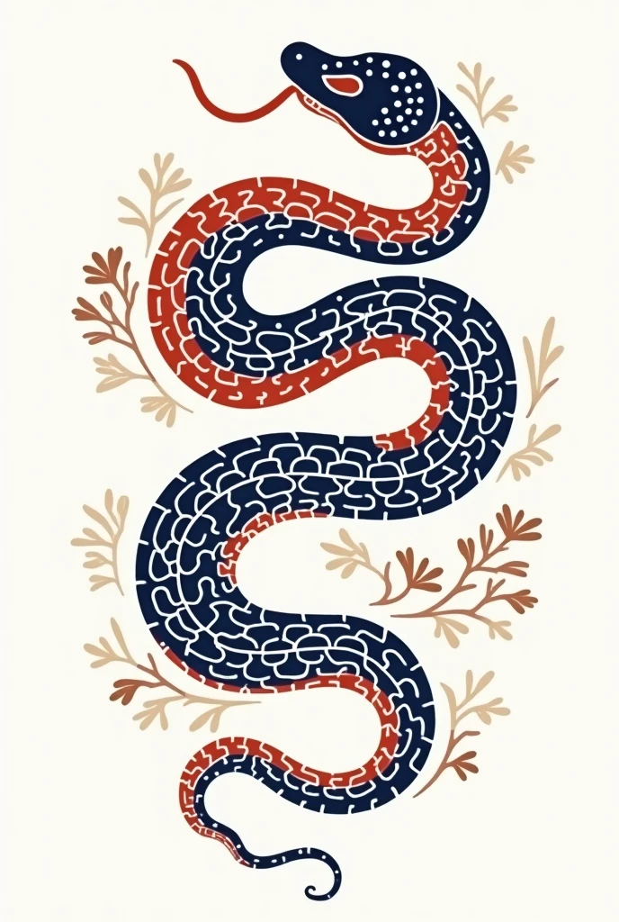 White background. The Snake in the Chinese zodiac,cute Snake,in the style of linocut,close-up of the whole body,fine line details,color sand red and blue and white porcelain blue,unique character design,bold color block,simple and concise,detailedintersections,high contrast,dynamic line,word using vintage images,in woodcut,hatching,woodcut style