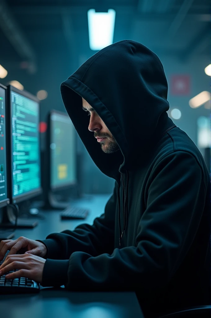 Hacker, Black Hood, Studying in front of the computer, high detail, 4K --auto