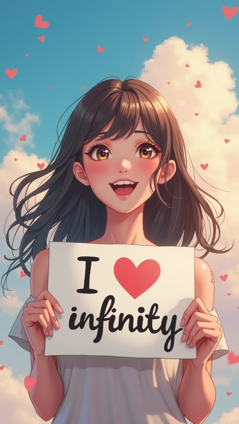 a beautiful and cute woman holding up a sign "i love infinity", joyful, happy, anime illustration, photorealistic, oil painting