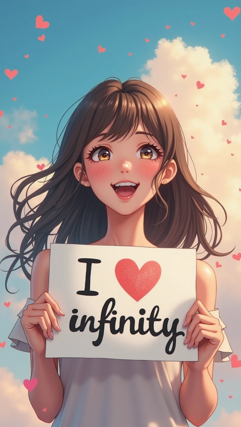 a beautiful and cute woman holding up a sign "i love infinity", joyful, happy, anime illustration, photorealistic, oil painting