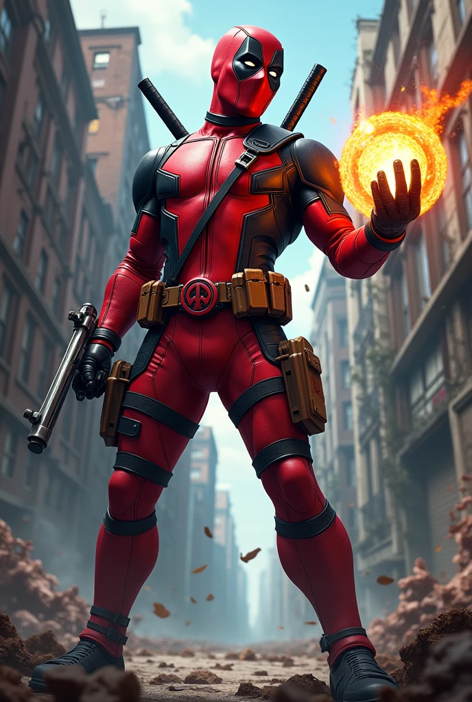 Deadpool holding arc reactor in hand