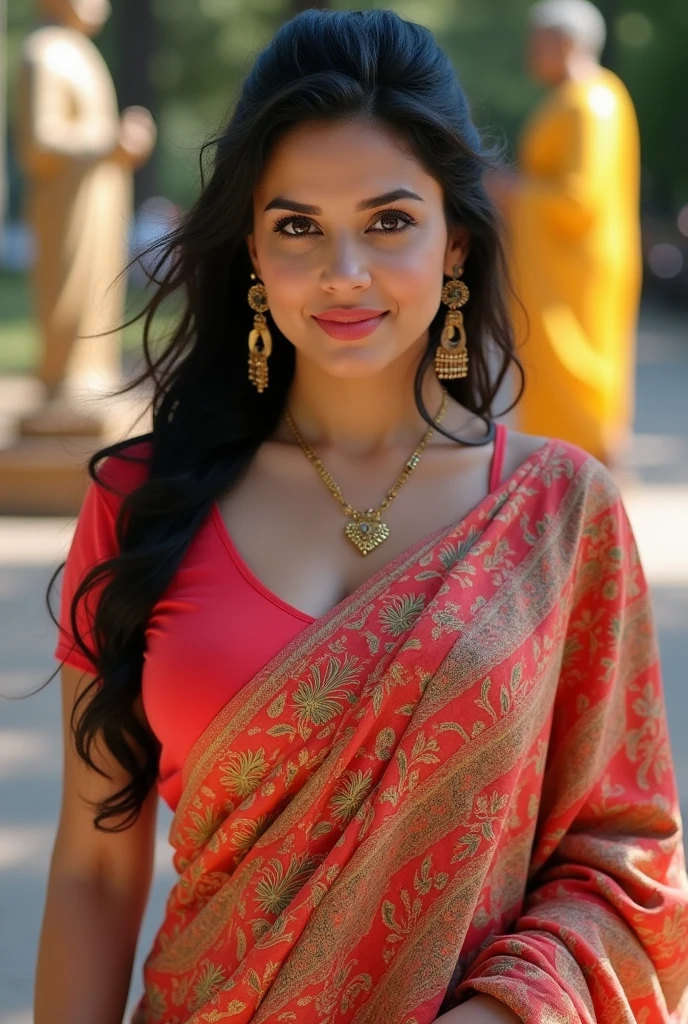 Sunny Leone 25 years old beautiful different face cute sexy Indian girl, curvy body, beautiful different colorful t-shirt in covered jamdani design Bengali style saree, big m-cup tight breast, different side bun hairstyle, bright eyes, thin eyebrows, fair skin, blushing cheeks, head to thigh view, smiling face, Kamasutra expression, Straight front view standing beautiful different Gautam Buddha statue place background, ultra realistic, head to thigh view, black hair, Provocative eye Contact, glossy lips