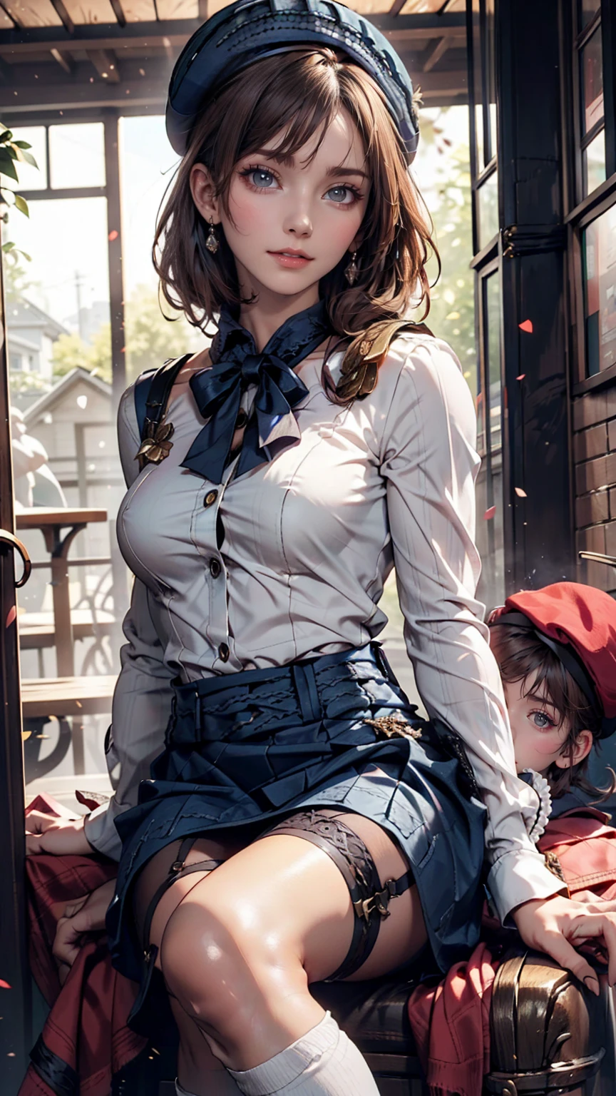 (iwanagadress:1.2), (Rock vine:0.9),(beret:1.8), Kotoko Iwanaga, One girl, beret, black bow, blue skirt, bow, Brown footwear, Cane, dress, hair bow, Have, Holding, Holding Cane, Juliet Sleeve, Light brown hair, Long sleeve, View your viewers, petticoat, Puff sleeves, Purple eyes, short hair, skirt, alone, Thigh straps, Knee socks, white dress, White Hat, white Knee socks, Kyokou suiri