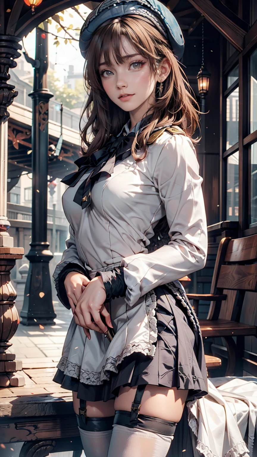 (iwanagadress:1.2), (Rock vine:0.9),(beret:1.8), Kotoko Iwanaga, One girl, beret, black bow, blue skirt, bow, Brown footwear, Cane, dress, hair bow, Have, Holding, Holding Cane, Juliet Sleeve, Light brown hair, Long sleeve, View your viewers, petticoat, Puff sleeves, Purple eyes, short hair, skirt, alone, Thigh straps, Knee socks, white dress, White Hat, white Knee socks, Kyokou suiri