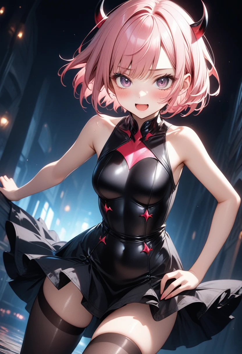 (((An image that fades into darkness))), (((Costume designed to transform into a demon)), (skirt), (pantyhose))), , ((Shiny Costumes)), skindentation, skinny, solo, 1 woman, Masterpiece, highest quality, highest quality, 16K, incredibly absurd, highly detailed, 2.5D, ai-generated, delicate and dynamic, very delicate facial expressions, delicate eye depiction, erotic, only sexy woman, ((A cute and kind face)), healthy figure, ((25-year-old woman)), 160cm tall, medium firm swaying bust, (short hair), (pink hair:1.5), bob cut, black eye, blush, Sweat,Embarrassed,sexy, ((thin thighs)),, (camel toe:0.7), , (Erect nipples,:0.7), shiny and lustrous, facing straight at viewer, ((Oily_skin)), ((dutch angle)), ((erotic pose)), ((A world stained with evil)), (((Very dynamic pose))), (The expression becomes more evil),