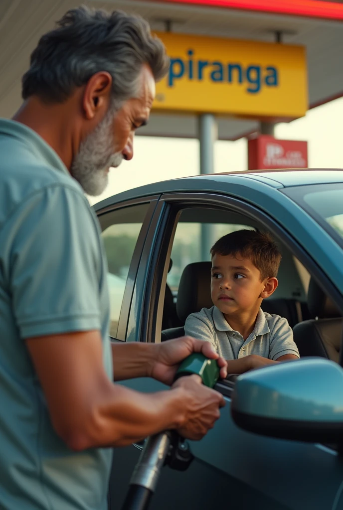 • An image that captures an authentic moment between father and son, like a father filling up his car at an Ipiranga gas station, the son inside the car. , symbolizing the journey of life, with a warm and nostalgic touch.