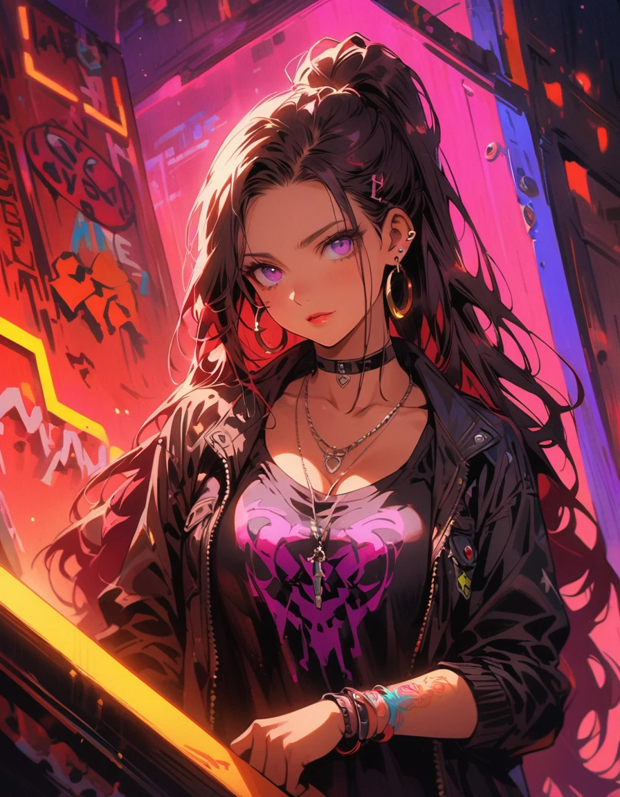 Purple eyes, Clear Eyes, choker, Neon Shirt, Torn legwear, Open jacket、Blue pubic hair,Bright red background、Red background, graffiti, Shineing grafiti, Shineing tattoos, Shine, Neon Light, Black light,Anime Style, movieポートレート写真, 1 female, 22 years ago, Whole Body Ezbian,Big and ample breasts, anger, (Scarlet Hair), Long Hair, Purple eyes, Wearing a short black dress, (Natural skin texture Sharp details, Surreal, (Realistic eyes, Natural skin texture, Realistic facial details), Soft and dramatic lighting, Written boundary depth, Bokeh, Sharp details, Surreal, 35mm movie, Absent-minded, movie,lipstick, ear piercing, eye shadow, Hoop Earrings, Red pink lips, Colorful red eyes, Red background,Beautiful Eyes,Bold Pose、Strike a Pose,Top ponytail,drooping bangs,Droopy eyes、((school uniform))、high school girl