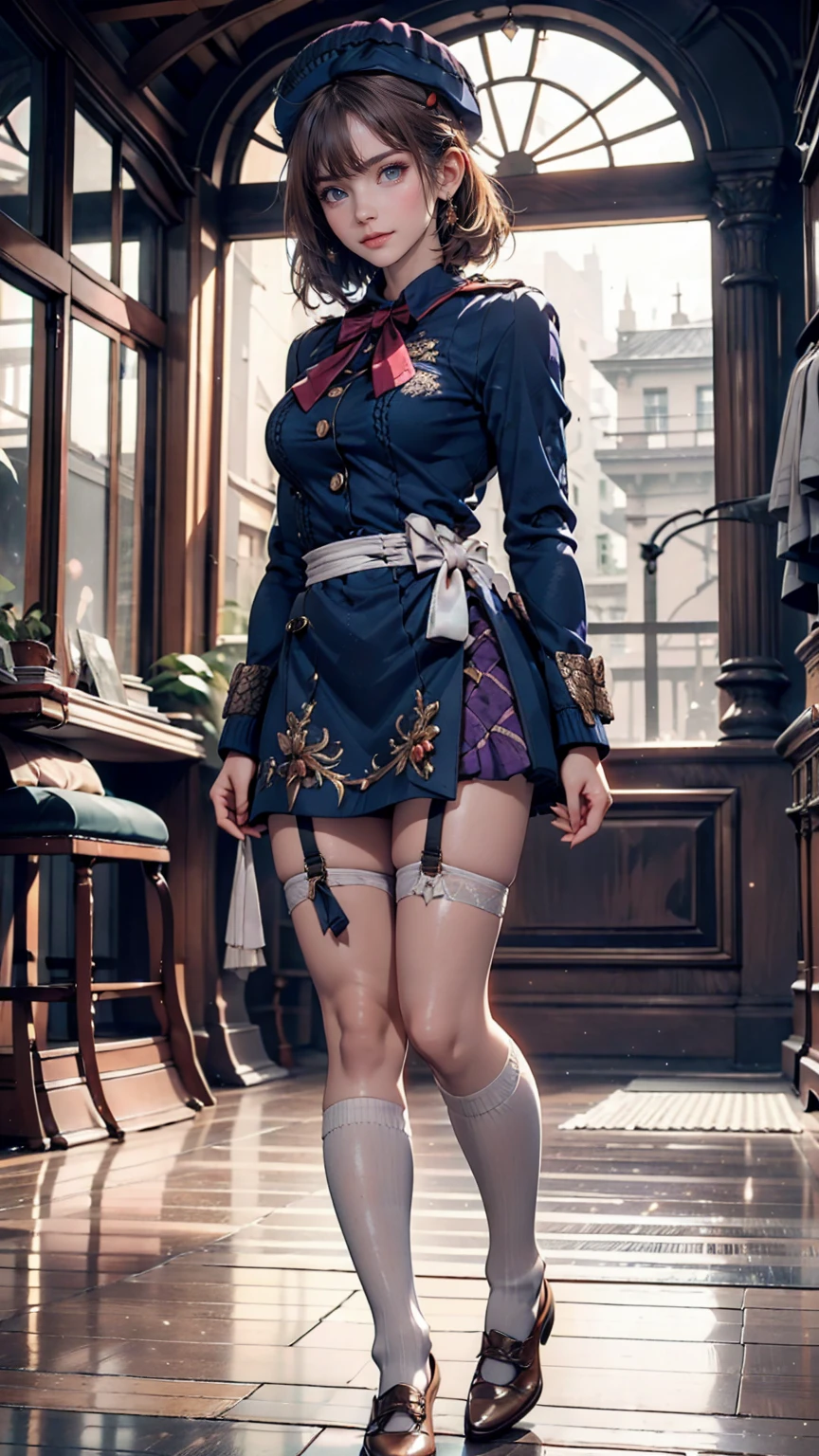 (iwanagadress:1.2), (Rock vine:0.9),(beret:1.8), Kotoko Iwanaga, One girl, beret, black bow, blue skirt, bow, Brown footwear, Cane, dress, hair bow, Have, Holding, Holding Cane, Juliet Sleeve, Light brown hair, Long sleeve, View your viewers, petticoat, Puff sleeves, Purple eyes, short hair, skirt, alone, Thigh straps, Knee socks, white dress, White Hat, white Knee socks, Kyokou suiri