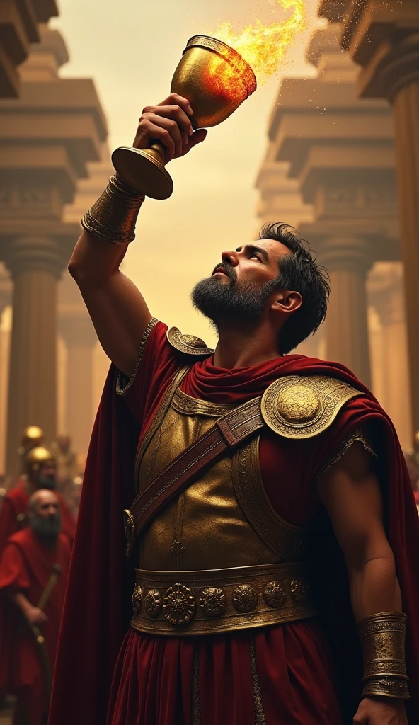 A dramatic, mythical scene of Alexander the Great drinking from a golden chalice, with an ancient, mystical potion swirling inside, glowing with power, as he prepares for battle, his face showing confidence and determination. highly detailed, hd, ultra realastic, lifelike vision.