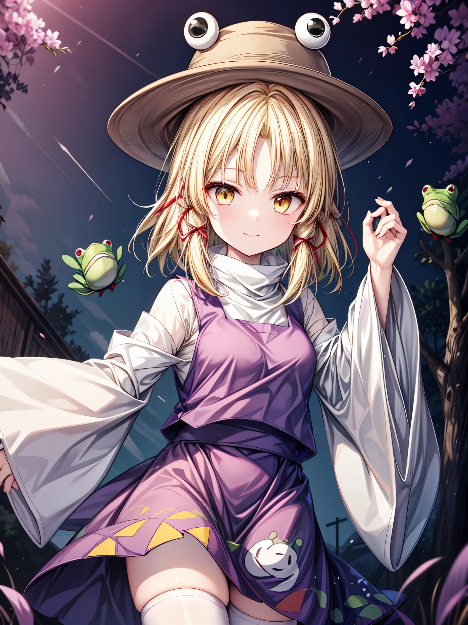 1girl, moriya suwako (touhou), yellow eyes, short hair, medium hair, blonde hair, yellow eyes, parted bangs, white shirt, turtleneck, long sleeves, wide sleeves, sleeves past wrists, purple vest, purple skirt, skirt set, frog print, white thighhighs, hat, hair ribbon, red ribbon,smile