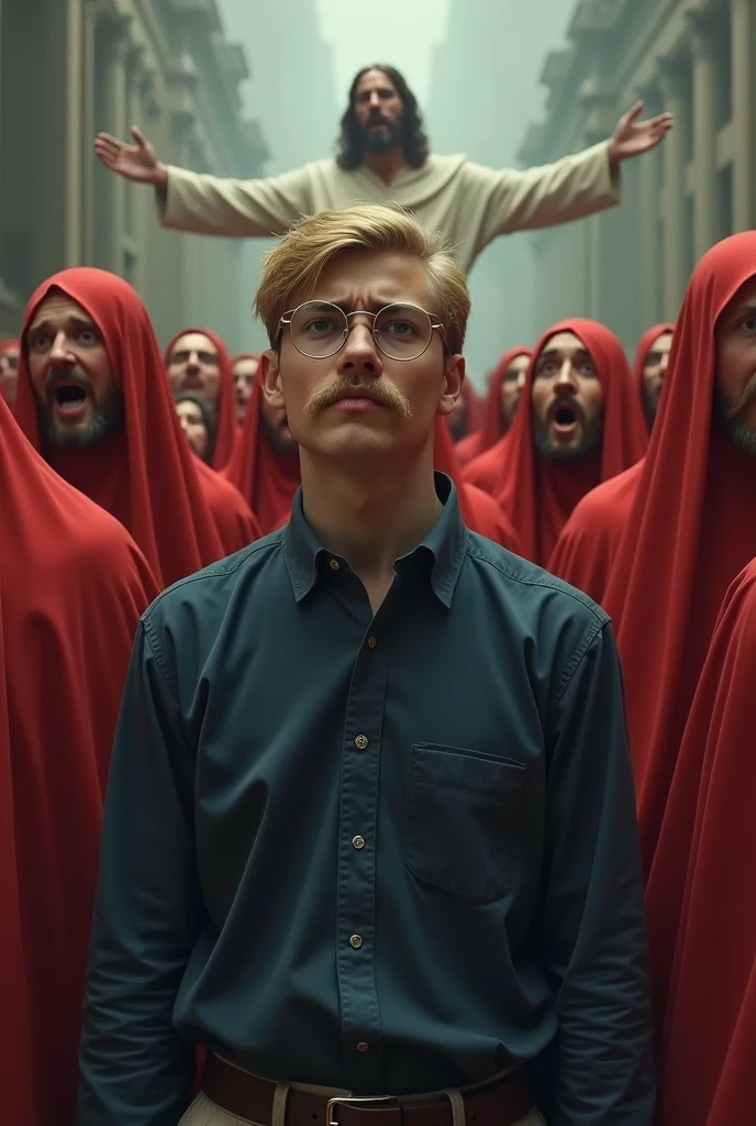 Young blond man with mustache and round glasses wearing long dark blue dress shirt, with a sarcastic smile and several people behind wearing red clothes and shouting and Christ in the center disappearing in white clothes