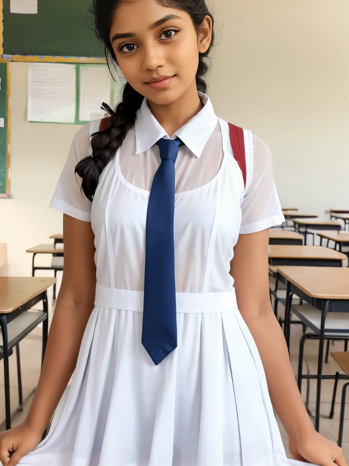 Srilankan school girl , school white frock,in the classroom, frock with pockets , wearing white vest camisole as a undergarment , see through 