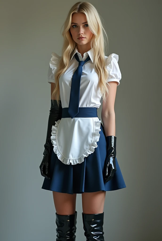 Beautiful 18 year old blonde in her school uniform with the shirt, tie and skirt, with a maid apron on, elbow-length latex gloves and knee-length latex boots. you can see the whole body