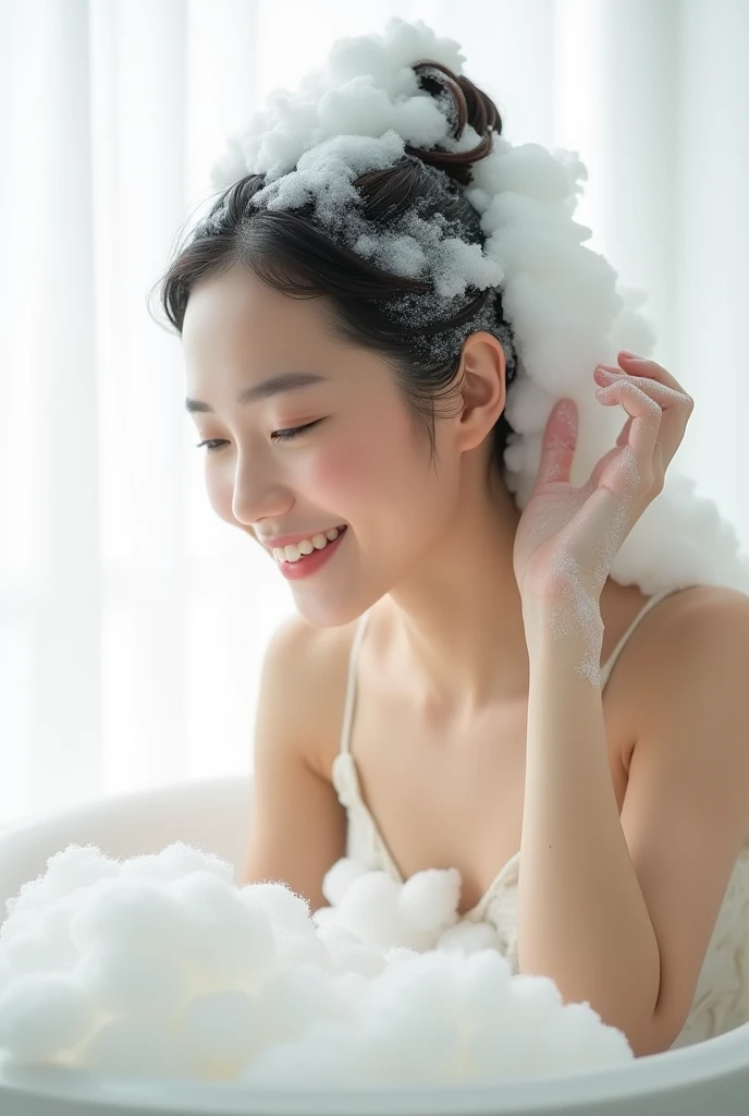 Create an Asian beauty,Dress conservatively,Bending over and washing hair,My hair is full of foam,There is a lot of foam on the head,The expression is happy,The characters are realistic and realistic,Pure white background,Showing the character's hair,9:16 frames,Ultra-high-definition picture quality