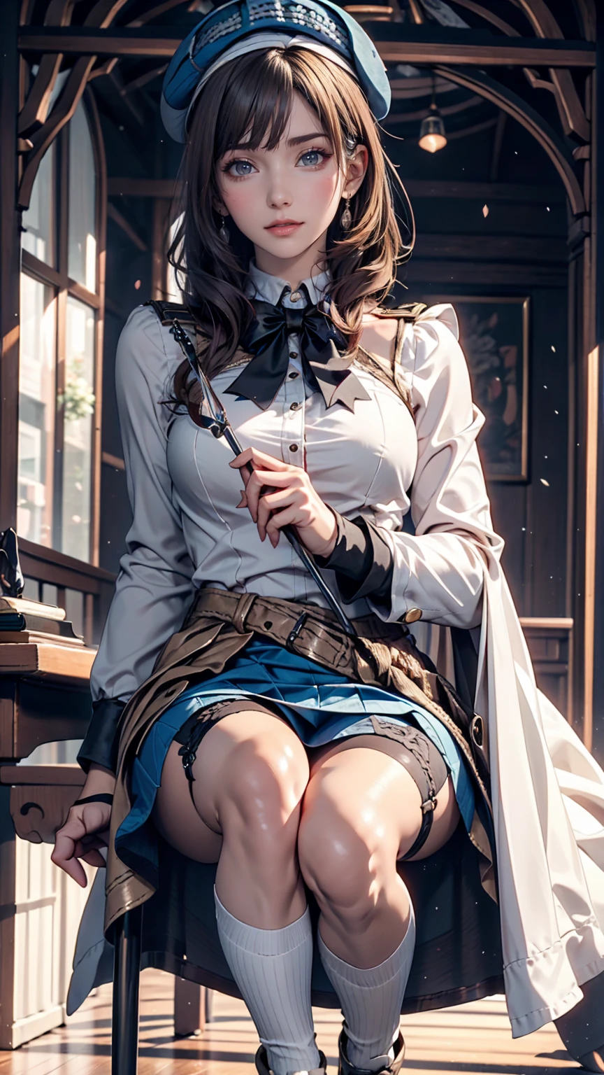 (iwanagadress:1.2), (Rock vine:0.9),(beret:1.8), Kotoko Iwanaga, One girl, beret, black bow, blue skirt, bow, Brown footwear, Cane, dress, hair bow, Have, Holding, Holding Cane, Juliet Sleeve, Light brown hair, Long sleeve, View your viewers, petticoat, Puff sleeves, Purple eyes, short hair, skirt, alone, Thigh straps, Knee socks, white dress, White Hat, white Knee socks, Kyokou suiri