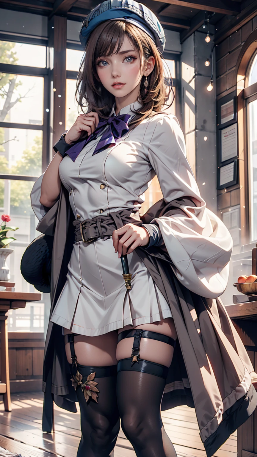 (iwanagadress:1.2), (Rock vine:0.9),(beret:1.8), Kotoko Iwanaga, One girl, beret, black bow, blue skirt, bow, Brown footwear, Cane, dress, hair bow, Have, Holding, Holding Cane, Juliet Sleeve, Light brown hair, Long sleeve, View your viewers, petticoat, Puff sleeves, Purple eyes, short hair, skirt, alone, Thigh straps, Knee socks, white dress, White Hat, white Knee socks, Kyokou suiri
