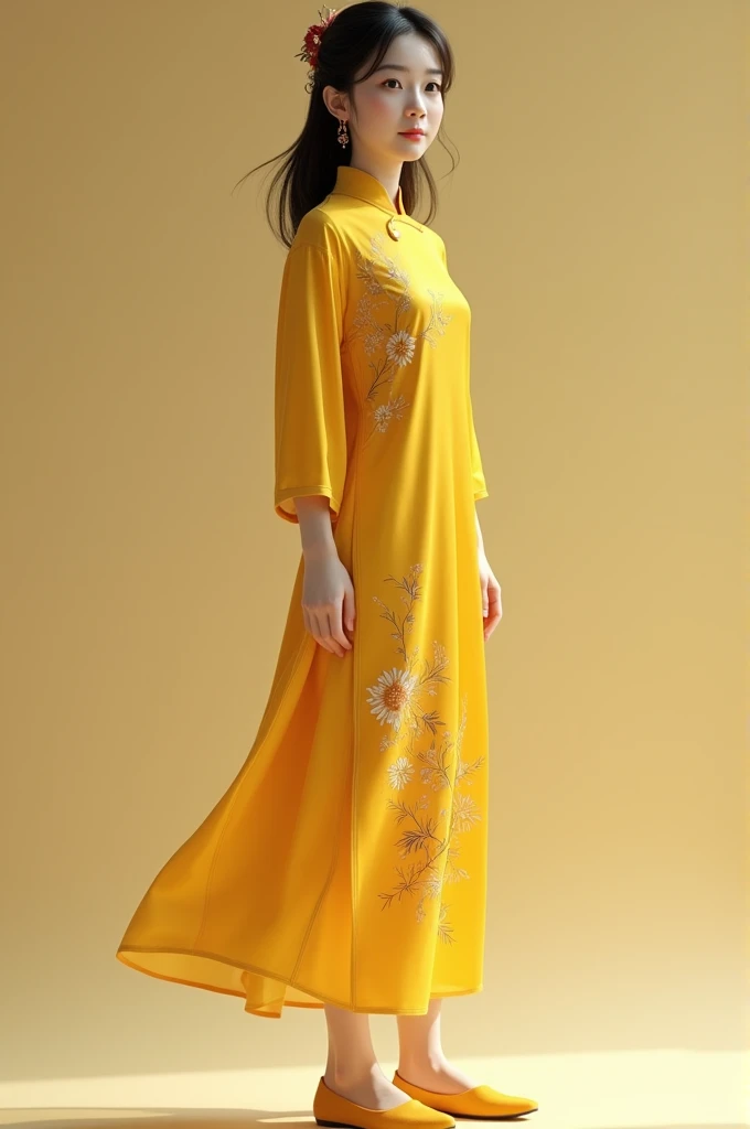 Chinese girl standing yellow dress and shoes wearing 