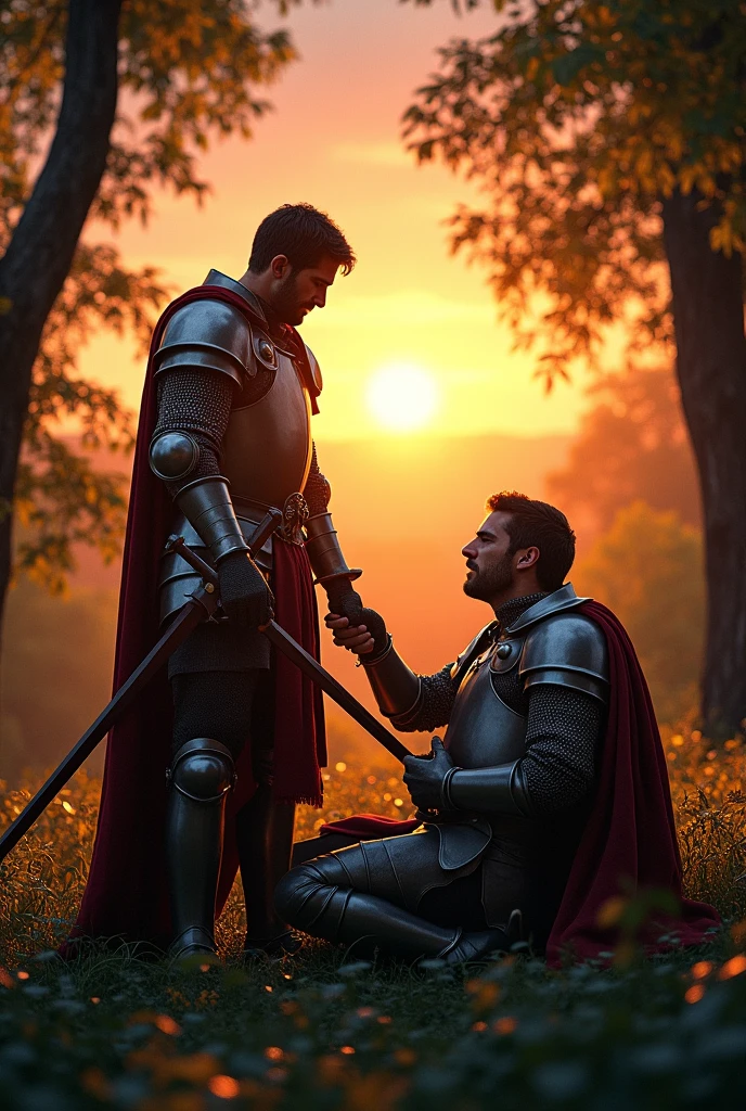 (photorealism:1.2), 2 medieval knights standing, the other one holding holding his stomach because it hurts, and the other one trying to calm him down, both in the woods with the sunset in the background