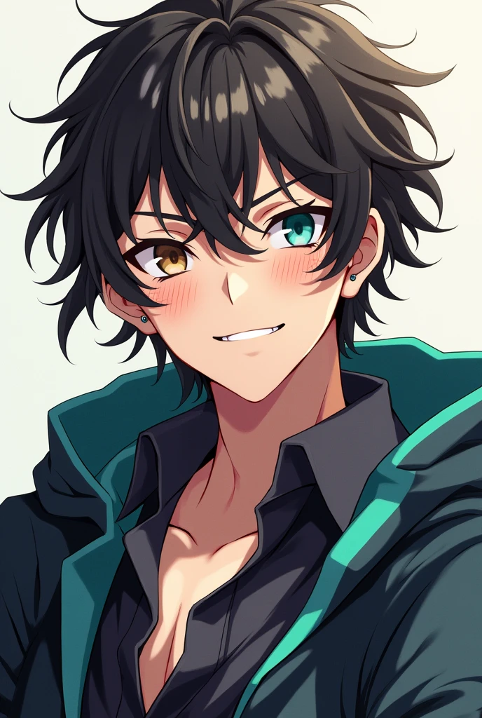 Kimetsu no Yaiba anime, Male gender, 19 years old, Dark brown hair, to look masculine, front bangs, the left eye is brown and the right eye is turquoise, short hair, smile, head on, Whole body, Strong complexion, two piercings in the ears, fine lips, medium wavy hair, slanted eyes, whole body, wide shot, Whole body