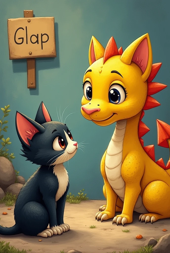 There is a picture of a cat and a yellow dragon.、crdThere is a sign with the word "