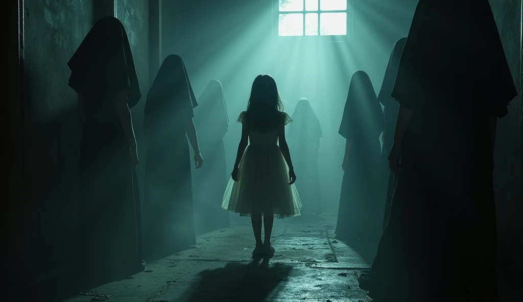 Cinematic horror photo of a young girl in a dress, surrounded by shadowy, ghost-like figures, mid-body framing, in an eerie, abandoned setting, with dramatic, low-key lighting casting deep shadows, shot from a low angle, on a Canon EOS R5 with a 24-70mm lens