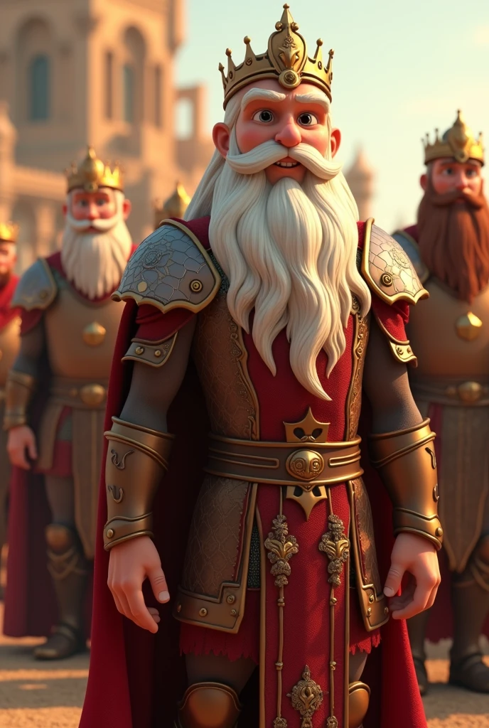 Create in cinematic 3D cartoon style. mighty kings and warriors, dressed in