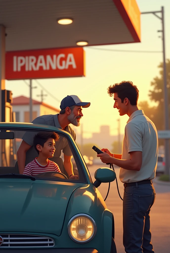 • An image that captures an authentic moment between father and son, at the Ipiranga gas station, the son inside the car. The gas station attendant smiling and helping the father , symbolizing the journey of life, with a warm and nostalgic touch.