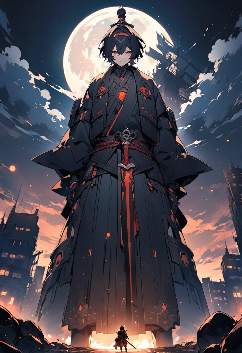 PHOTO OF THE ANIME CHARACTER "ICHIGO" WITH HIS TYPICAL BLACK KIMONO APPEARANCE AND SWORD STANDING ON TOP OF A CITY TOWER WHILE STARING AT THE NIGHT MOON.
