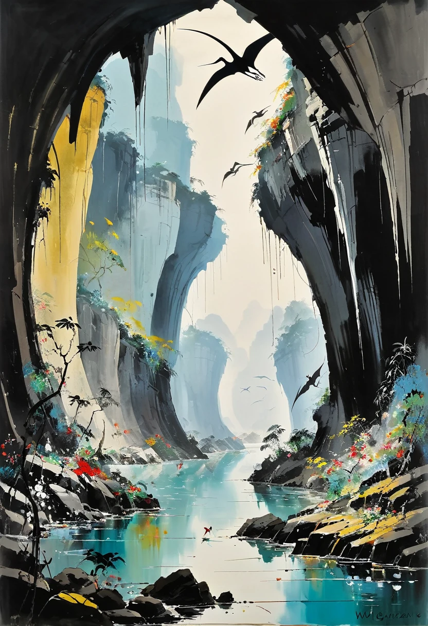 Wu Guanzhong painting, This painting depicts a pterosaur, Dancing in the cave, Completely in line with Wu Guanzhong&#39;s style, Combining traditional Chinese ink painting techniques with Western concepts, Use colors and lines to create unique visual effects.