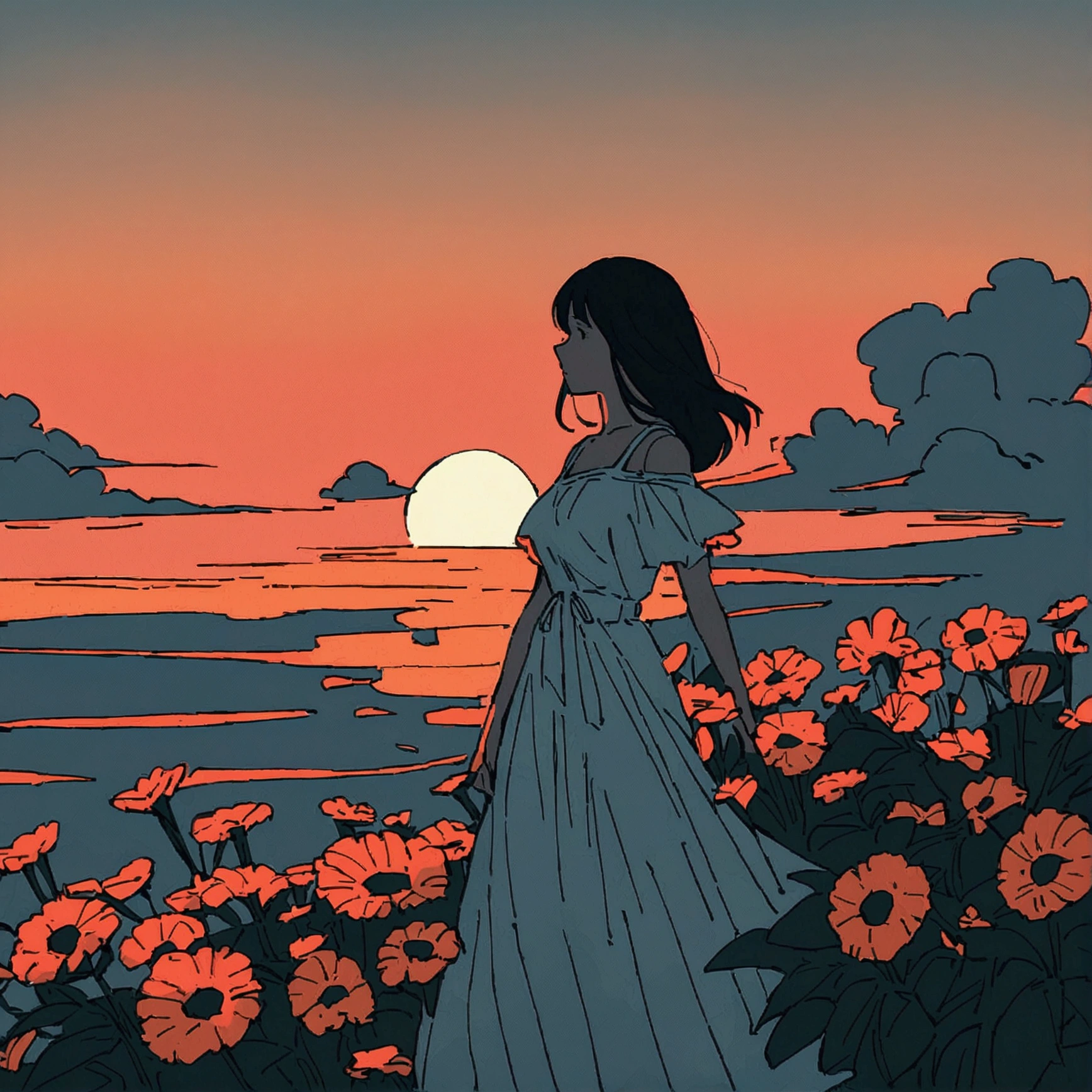 Sunset, woman in white dress, flat color, cloud in dress, bouquet of flowers, summer, simple and beautiful color scheme, thin lines, nostalgic, plain background