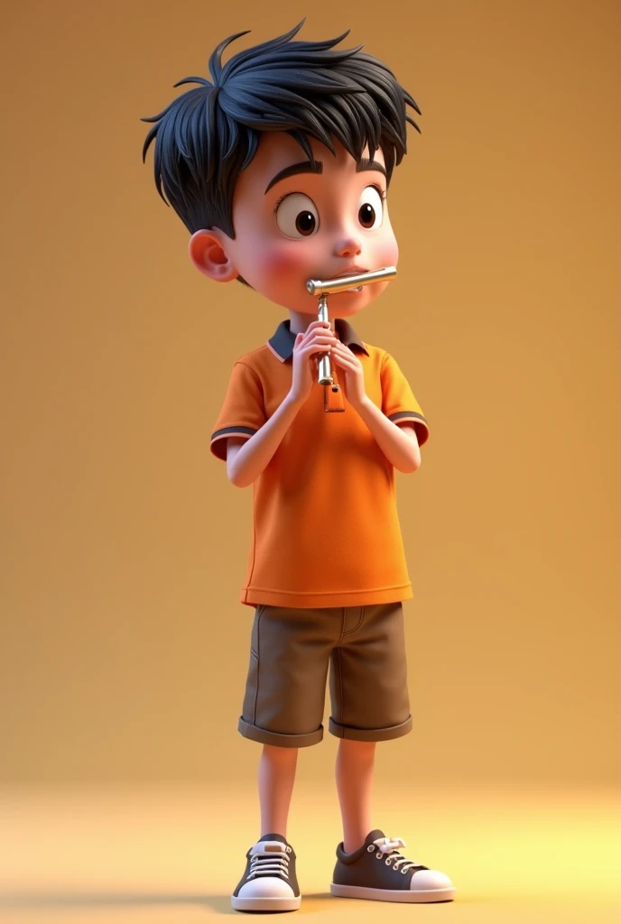 A boy about 14 years old wearing an orange polo shirt, playing a flute, standing slightly to the right. 3D, Animated, with legs, detailed face, asymmetrical 16k, full body
