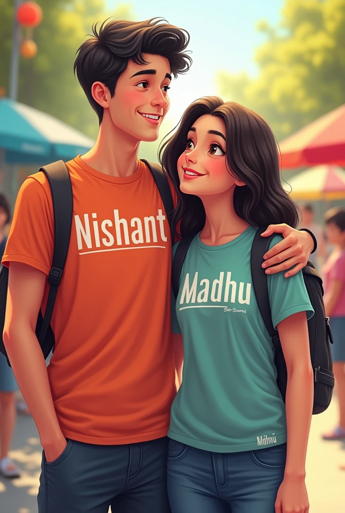 Ek ladke aur ladki ka image banao jaha ladki ki T-shirt pe Madhu aur ladke ki T-shirt pe Nishant likha hai