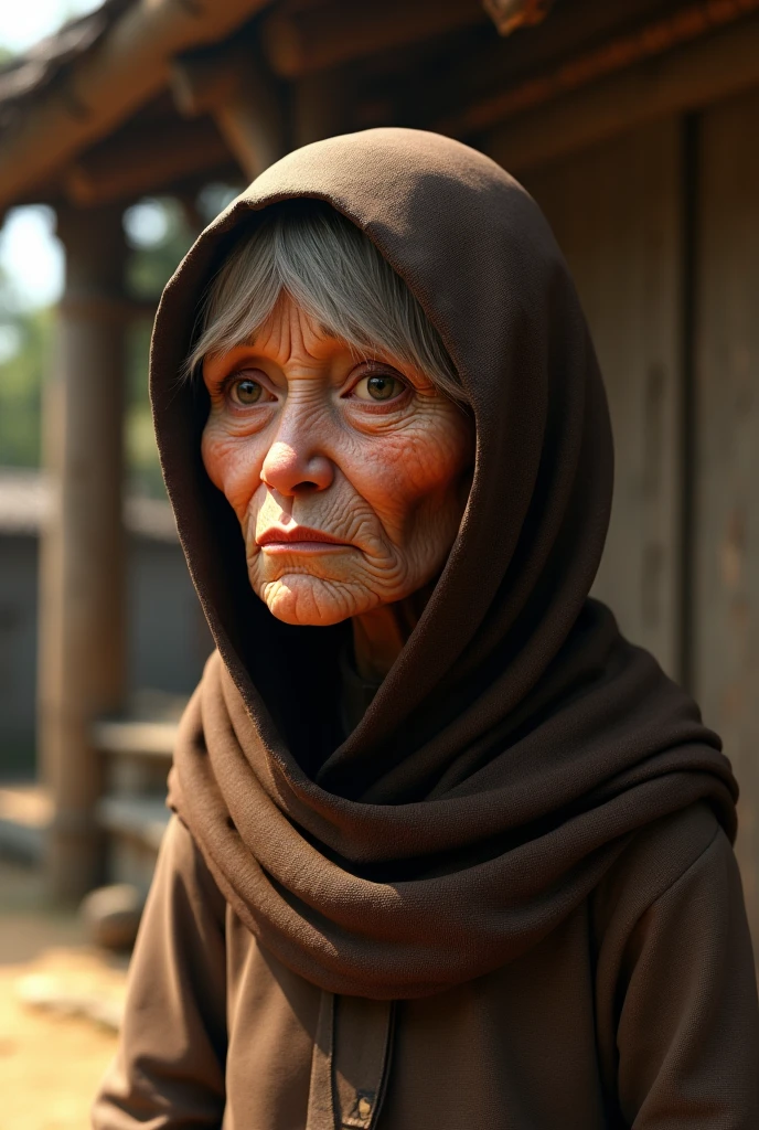 3D naturalistic image , an old woman , using a brown veil , round-eyed ,big nosed with wrinkled face , facing forward , with a background of a house made of wood and bamboo , with bright lighting