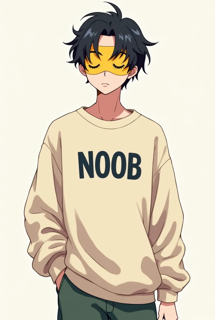 Make a male anime character who wears a sweatshirt with NOOB written on it and wears a custom mask with sleepy eyes 