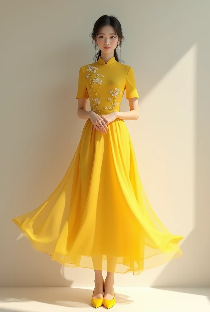 Chinese girl standing yellow dress and shoes wearing 