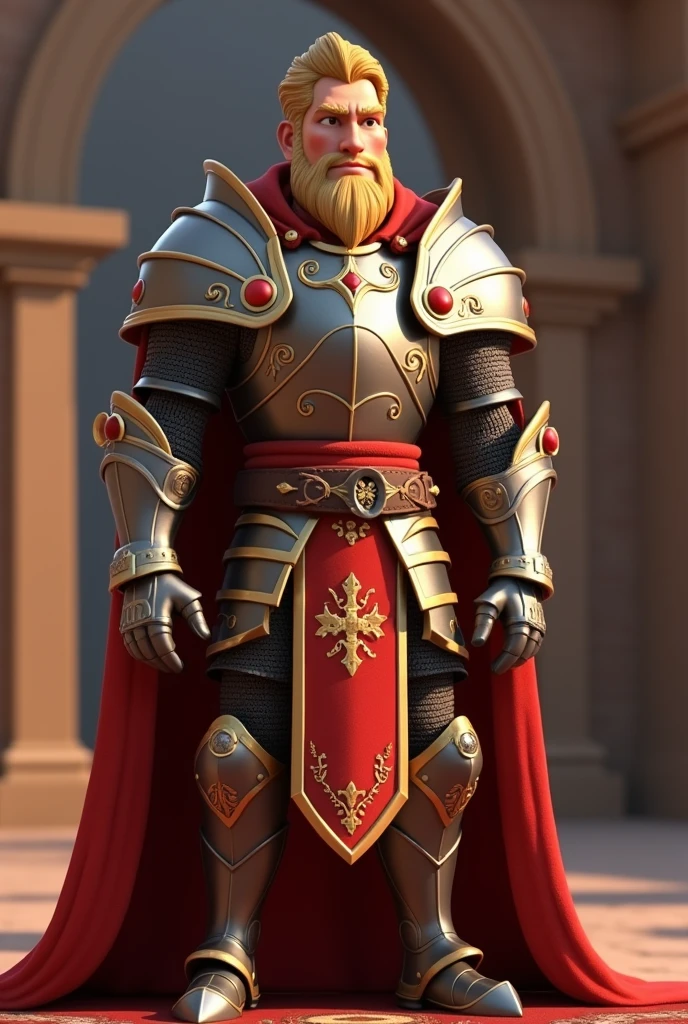 Create in cinematic 3D cartoon style. ornate armor and traditional royal attire,