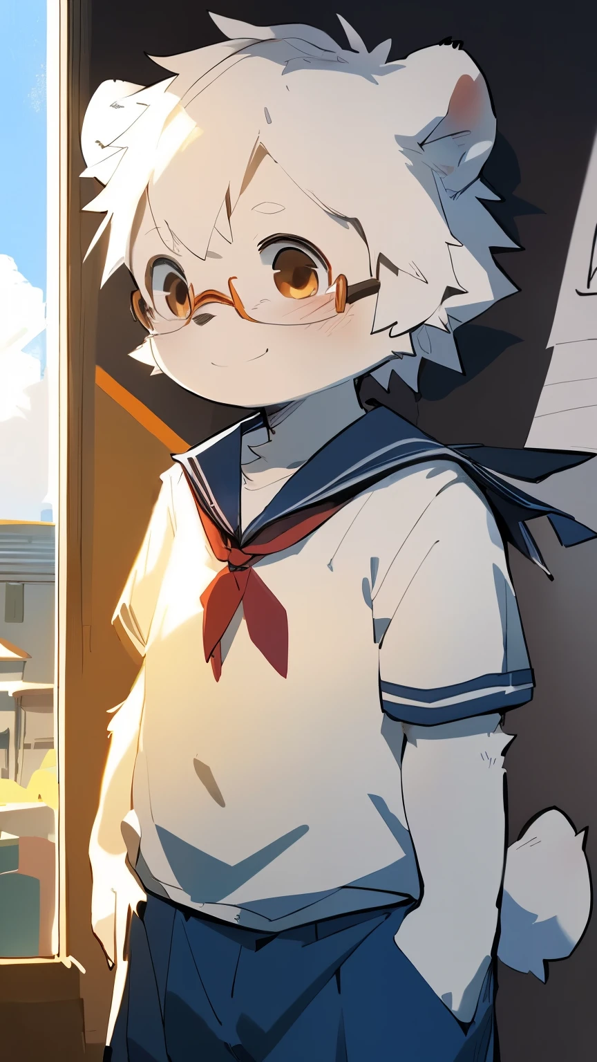 masterpiece, best quality, Perfect anatomical structure, Bright Eyes, Big watery eyes, From milkytiger1145, author:K0BIT0WANI,,src_hairy, 北极熊boy, Brown eyes, Polar bear tail, White hair, Spiky hair, hairy, blush, Looking at the audience, Smile, 1个boy, Polar bear ears, hairy male, White body hair, ((School uniform shirt, Blue pants, Glasses, Blue wool hat)), School, Clear skies, Upward body, ((Boy,shota)),boy,Pino Deheny, Carney announced, milkytiger1145, Dagasi, Yes,