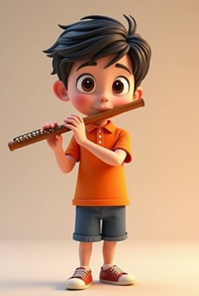 A boy about wearing an orange polo shirt, playing a flute, standing slightly to the right. 3D, Animated, with legs, detailed face, asymmetrical 16k, full body